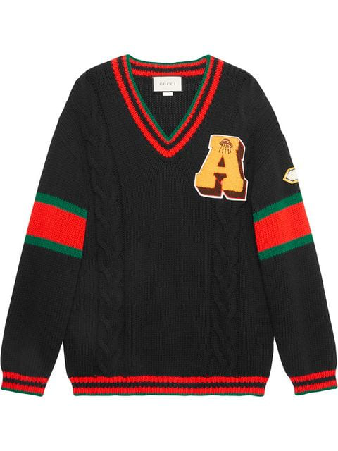 Gucci Web Stripe-intarsia Cable-knit Wool Sweater In 1082 Black | ModeSens