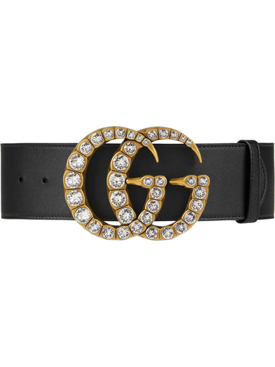 Gucci Leather Belt With Crystal Double G Buckle In Black Leather