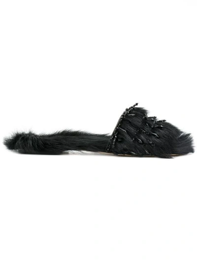 Alberta Ferretti Crystal-embellished Shearling Slide Sandals In Black