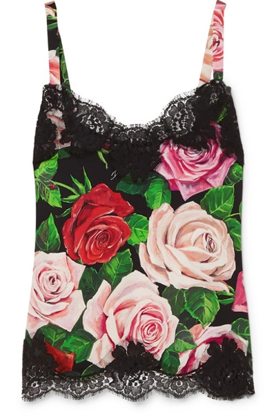 Dolce & Gabbana Lace-trimmed Floral-print Silk-blend Camisole In Black