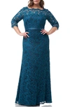 Js Collections Bateau Neck Lace Gown In Turquoise Navy