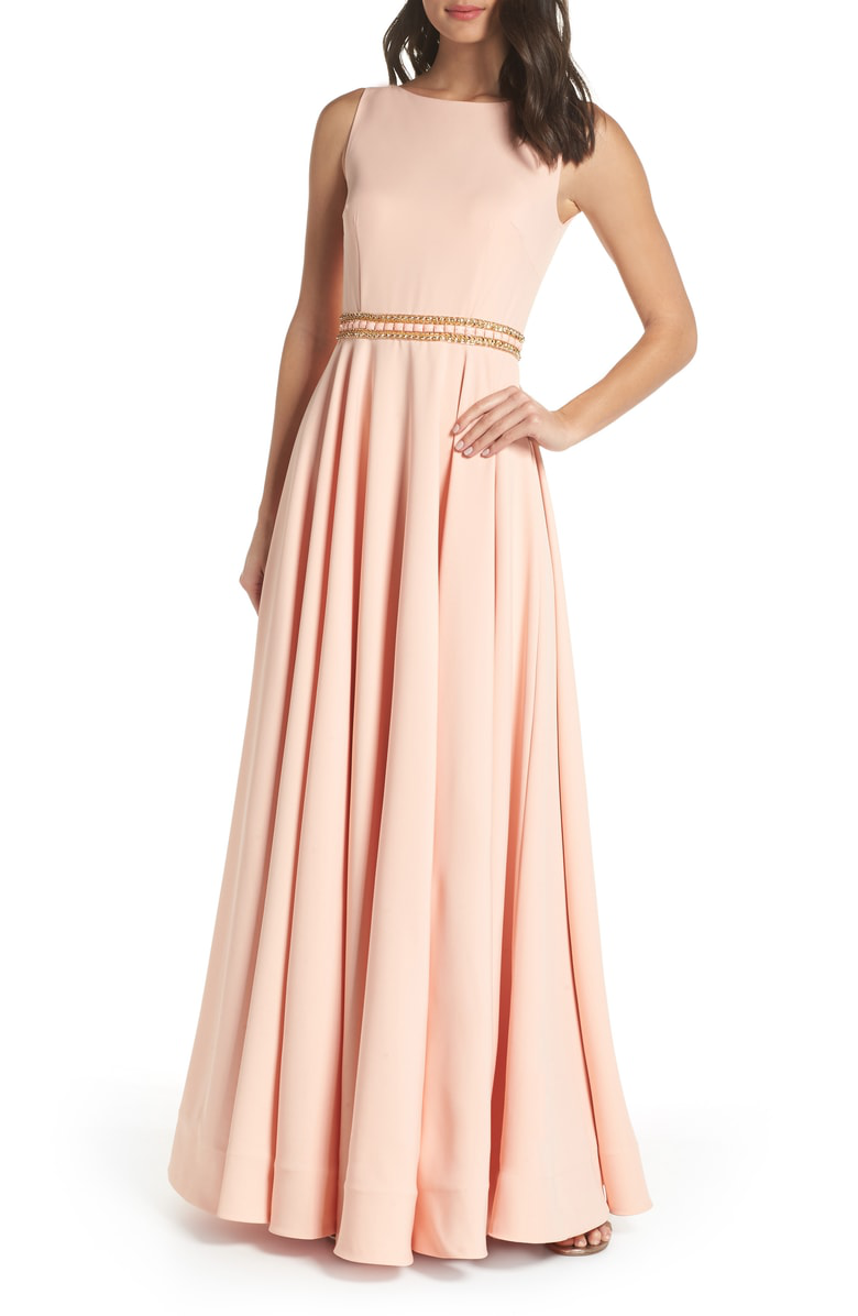 Mac Duggal Beaded Waist A-line Gown In Blush Gold | ModeSens