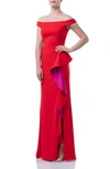 Carmen Marc Valvo Infusion Ruffle Off The Shoulder Gown In Red Fuchsia