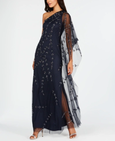 Adrianna Papell Beaded One-shoulder Evening Dress In Midnight