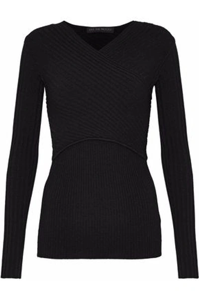 Live The Process Woman Wrap-effect Ribbed-knit Top Black