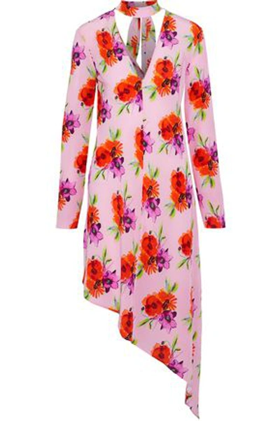 Msgm Woman Asymmetric Floral-print Silk Midi Dress Pink