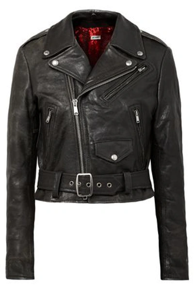 Re/done Woman Cropped Leather Biker Jacket Black