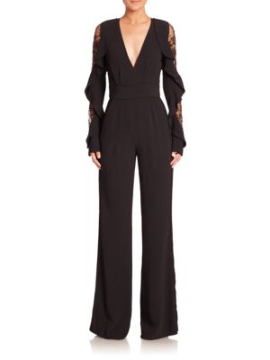 Elie Saab Ruffled Lace-sleeve Crepe Jumpsuit, Black, White | ModeSens