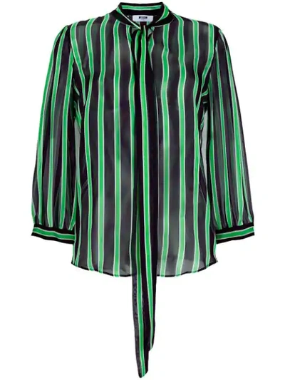 Msgm Woman Pussy-bow Striped Silk-chiffon Blouse Black In Green