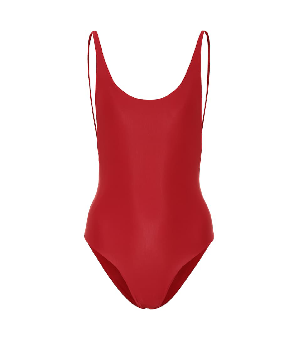 red scoop back swimsuit