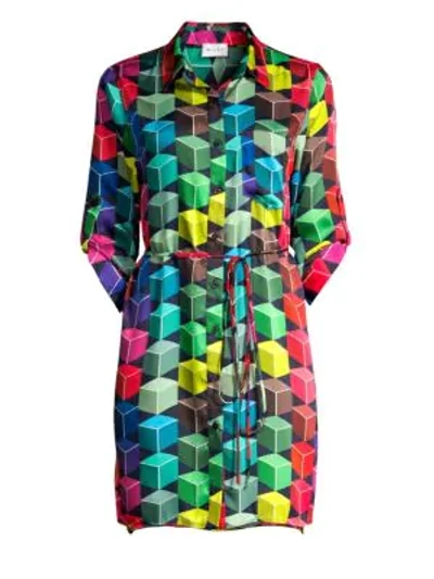 Milly Button-front 3/4-sleeve Cube-print Mini Shirtdress In Multi