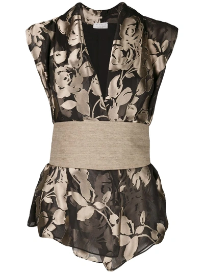 Brunello Cucinelli Sleeveless Foiled Floral Blouse W/ Canvas Belt In Blk-beig