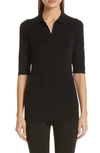 Lafayette 148 Short-sleeve Fitted Rib-knit Polo Sweater In Black