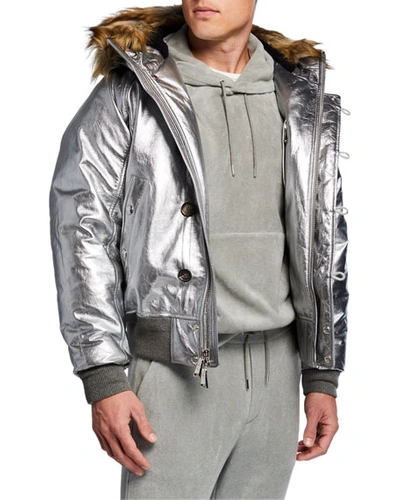 Ralph Lauren Men's Metallic Foil Leather Jacket W/ Faux-fur Hood In Silver