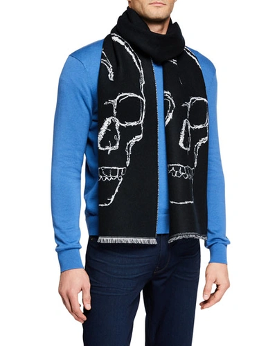 Alexander Mcqueen Men's Oversized Skull Darned Scarf In Black/white