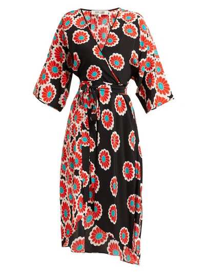 Diane Von Furstenberg Eloise Blossom Print Silk Charmeuse Wrap Dress In Kimono Blossom Black