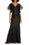 Mac Duggal Sequined Lace V-neck Angel-sleeve Gown In Black