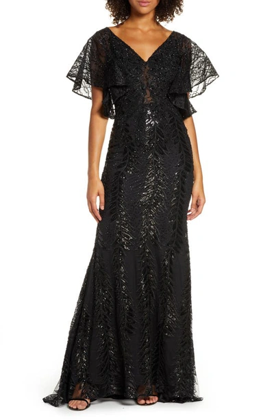 Mac Duggal Sequined Lace V-neck Angel-sleeve Gown In Black
