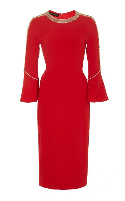 Jenny Packham Debo Beaded-seam Bell-sleeve Stretch Crepe Dress In Scarlet