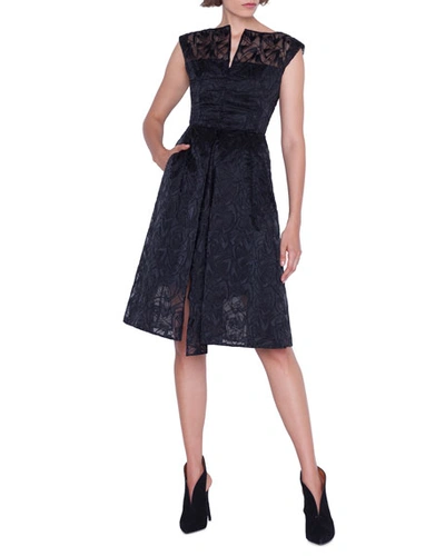 Akris Cap-sleeve Embroidered Organza Apron Dress In Black