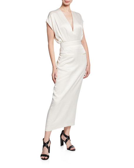 Derek Lam V-Neck Short-Sleeve Dress With Tapered Skirt In Ivory | ModeSens