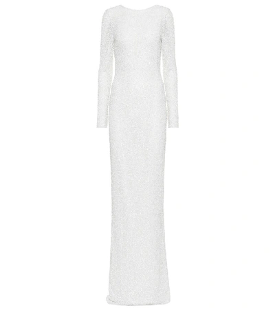 Balmain Long-sleeve Open-back Pearl & Sequin Gown In White