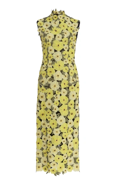 Erdem Josie Embellished Embroidered Chiffon Midi Dress In Yellow