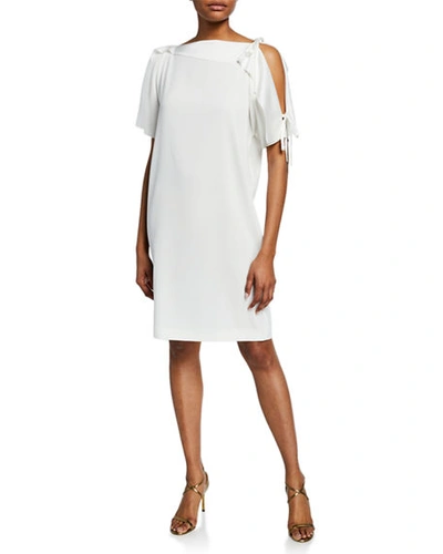 Escada Asymmetric Cold Shoulder Satin Dress In White