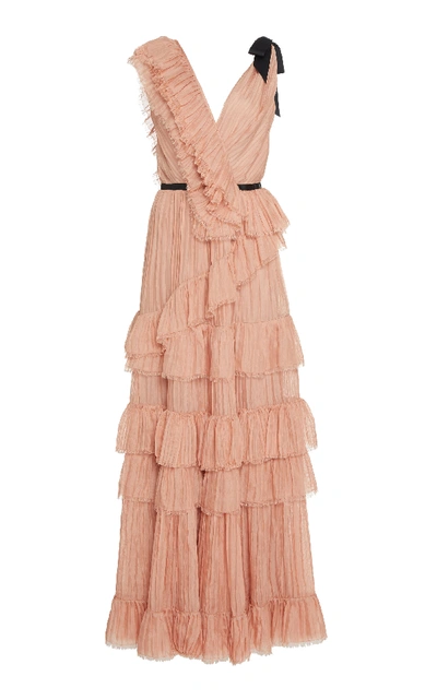 Johanna Ortiz Petals In The Wind V-neck Ruffle-tiered Pleated-silk Dress In Pink