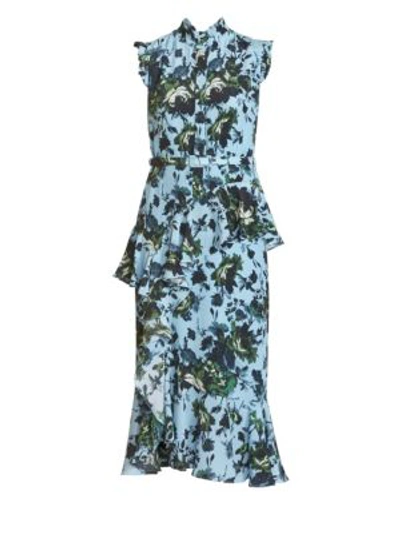 Erdem Irina Floral Silk Belted Ruffle Dress In Blue Green