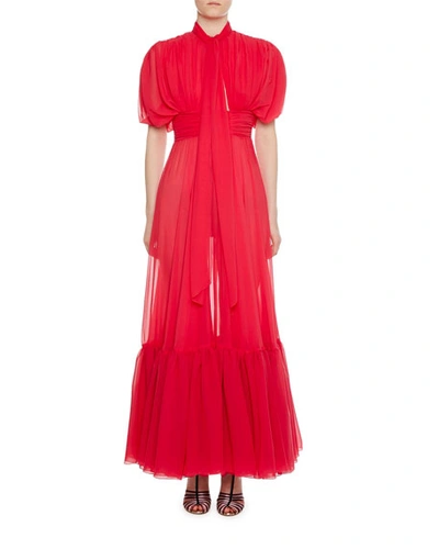 Giambattista Valli Tie-neck Tiered-hem Silk Gown In Magenta