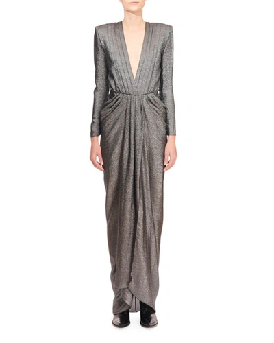 Redemption Shimmer Silk Deep-v Gathered Waist Dress In Silver