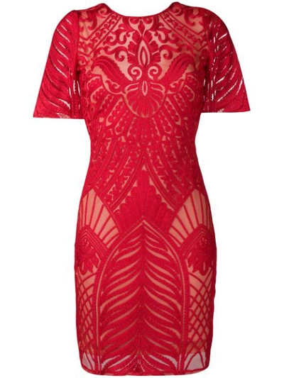 Galvan Atlas Short-sleeve Embroidered Tulle Mini Dress In Red