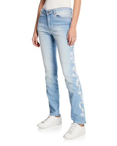 Escada Straight Leg Embroidered Side Jeans In Light Blue