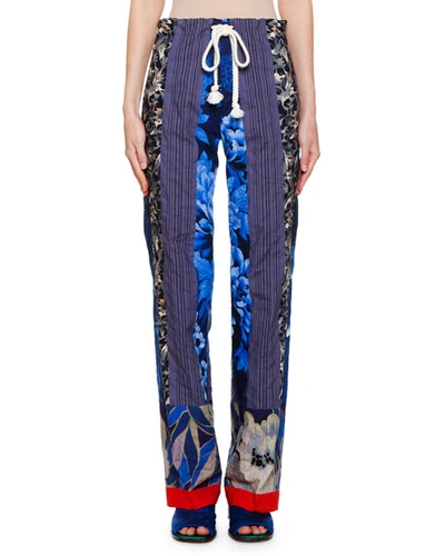 Etro Striped Patchwork Pajama Pants With Rope Belt, Navy
