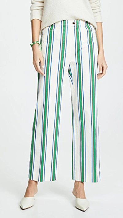 Tory Burch Striped Cotton Straight-leg Pants In Green Grand Awning Stripe