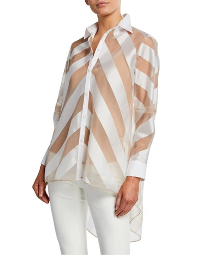 Lela Rose Sheer-striped High-low Button-front Shirt In White