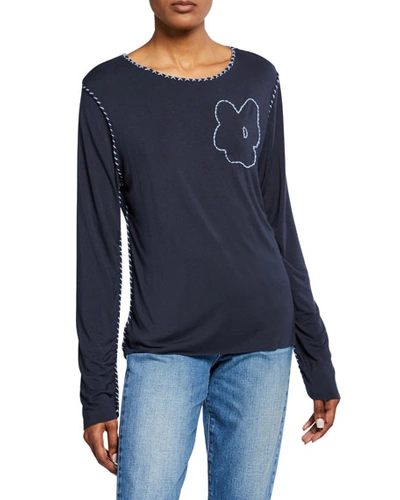 Made On Grand Topstitched Floral-embroidered Long-sleeve Tee In Blue