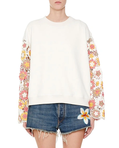 Alanui Cornely Lace-sleeve Sweatshirt In White/pink