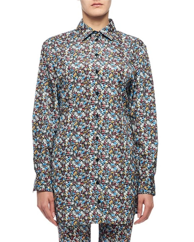 Victoria Beckham Mini Floral-print Button-front Boyfriend Shirt In Black/blue
