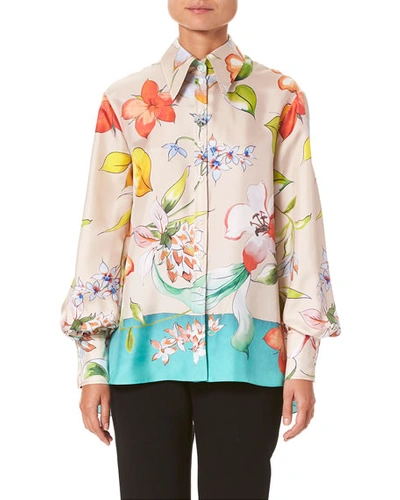Carolina Herrera Long-sleeve Floral-print Silk Button-front Shirt In Turquoise