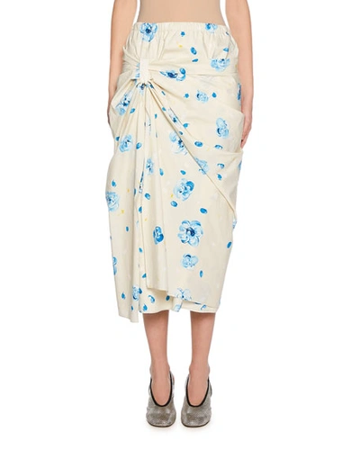 Marni Floral Painted Gathered Poplin Skirt In White Pattern