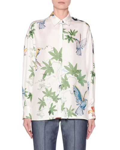 Agnona Long-sleeve Botanical-print Button-front Shirt In White Pattern
