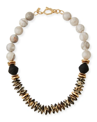 Akola Agate, Bone & Leather Necklace, White/black