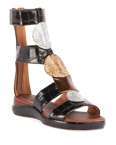 Chloé Wanda Flat Crocodile-embossed Gladiator Sandals In Black