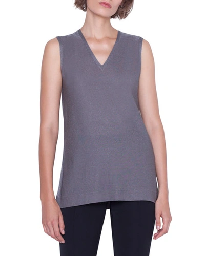 Akris Sleeveless V-neck Shimmer Silk Knit Pullover In Light Gray