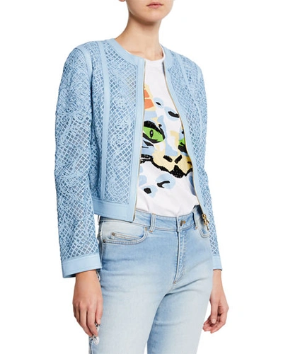 Escada Lattice-lace Embroidered Leather Jacket In Light Blue