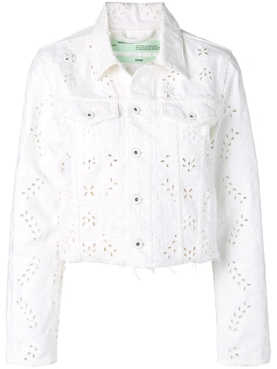 Off-white Cropped Embroidered Denim Jacket In White