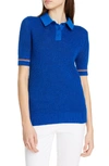 Tory Burch Mesh Short-sleeve Polo Sweater In Bondi Blue