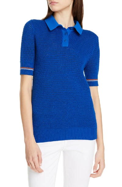 Tory Burch Mesh Short-sleeve Polo Sweater In Bondi Blue